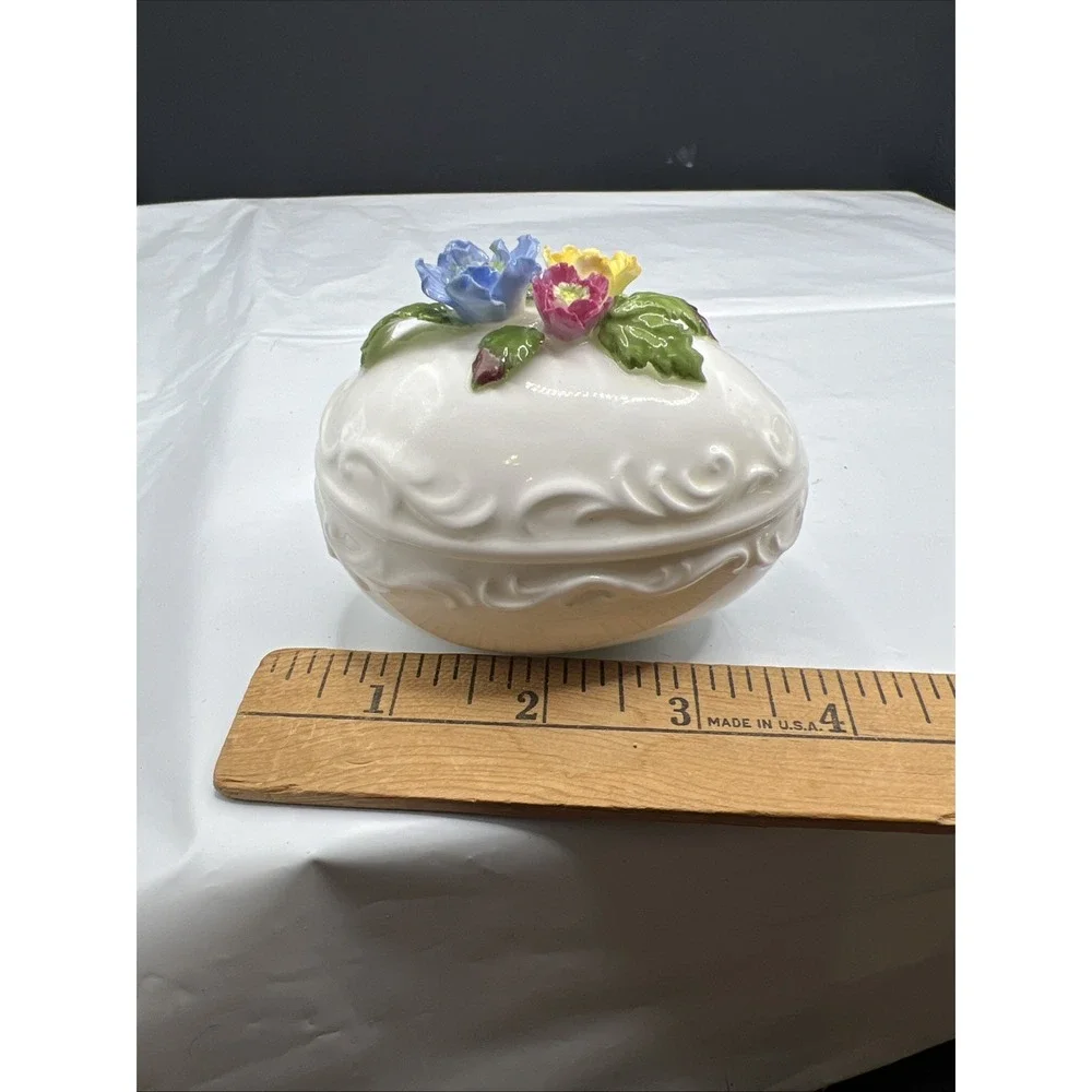 Vintage Towle Fine Bone China Egg Trinket Box 3D Floral Flowers Lid Easter Candy